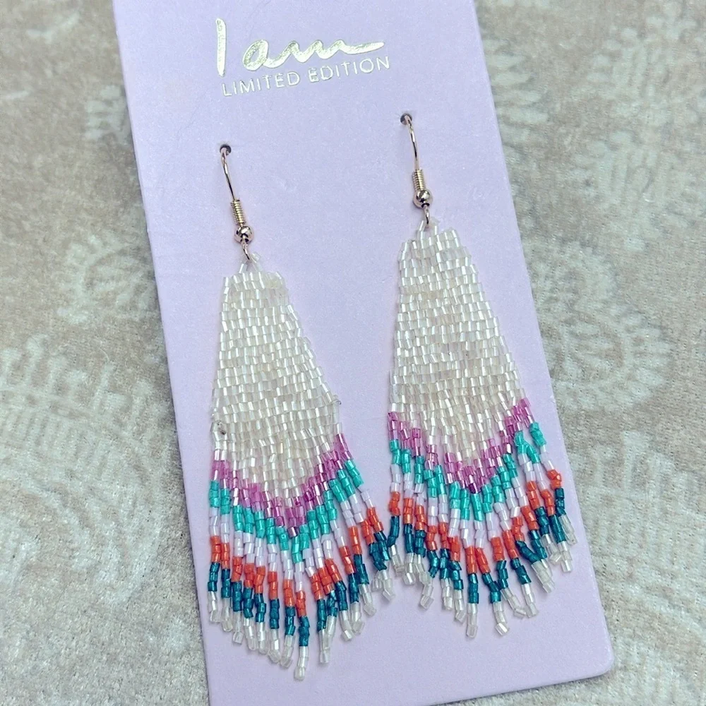 Brand New I Am Colorful Lightweight Glass Seed Beaded Drop Earrings Tribal Aztec